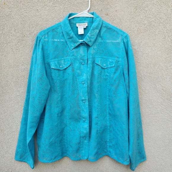 Coldwater Creek Top Women's Large Blue Floral Linen Rayon Blend Blouse - Picture 1 of 10